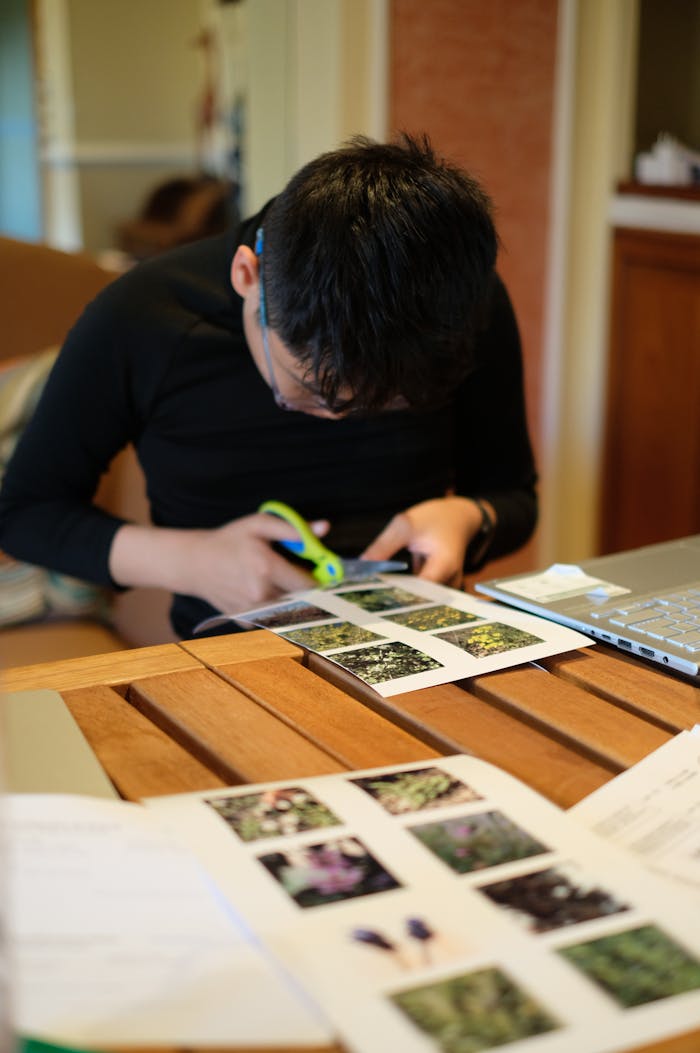 portfolio-05 A young person is sitting indoors, concentrating on a creative paper cutting project with vibrant photo prints.
