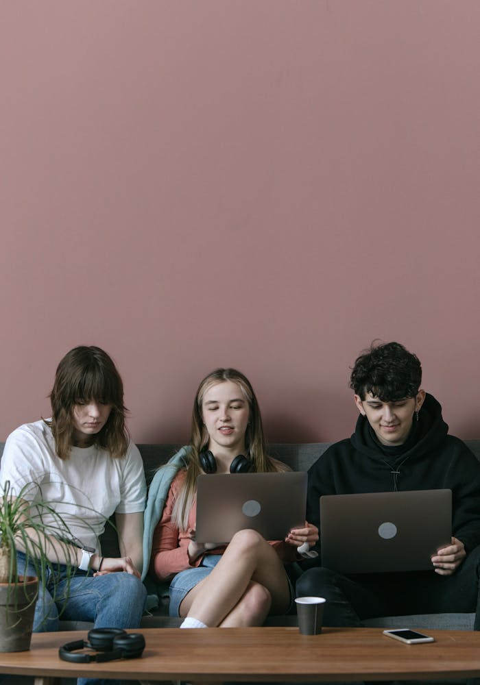 portfolio-02 Three young adults sitting indoors working on laptops, casual setup.